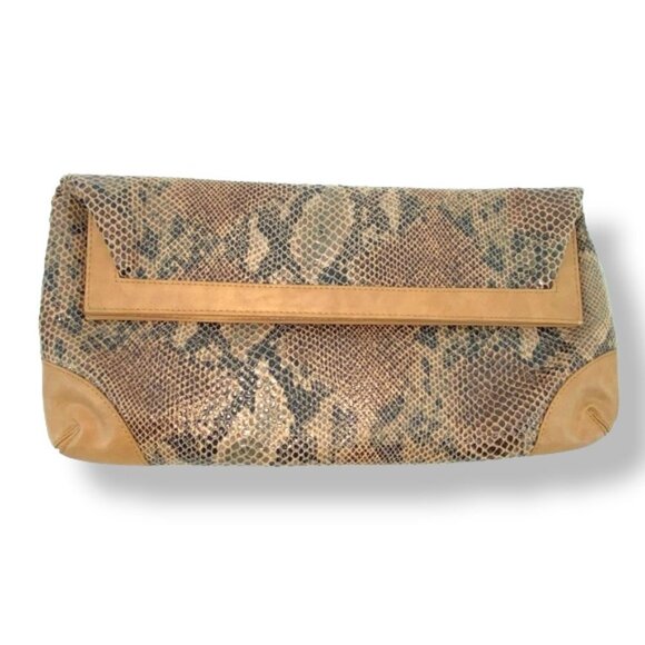 Shiraleah Handbags - Leather Clutch Snake Skin Pattern Fold Over Large Brown/Tan
